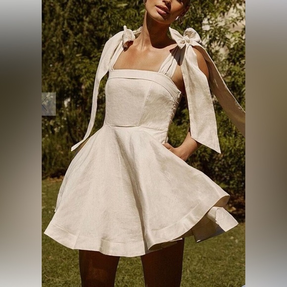 Dissh Aisle White Linen Bow Mini Dress Tie Straps Bridal - Picture 2 of 13